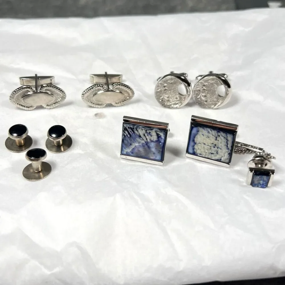Vtg 70s Retro Silver Tone cufflinks and shirt studs prom gender neutral